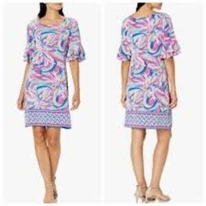 PAPPAGALLO Victoria Preppy Pastel Abstract Print 3/4 Ruffle Sleeve Shift Dress S